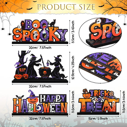 4-Piece Halloween Wooden Table Signs, BOO Trick or Treat Pumpkin Witch Centerpieces