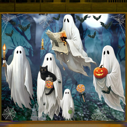 4-Sheet Large Halloween Ghost Window Clings 16.9x35.4in, Reusable Spooky Decals