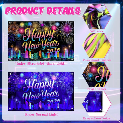 2026 Happy New Year Neon Banner Glowing NYE Party Decorations 71x43"