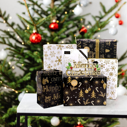 6 Sheets Christmas Wrapping Paper – Black & Gold Snowflake Elk Gift Set