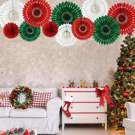 Red, Green & White Hanging Tissue Honeycomb Paper Fans Decor Kit for Christmas & Birthdays