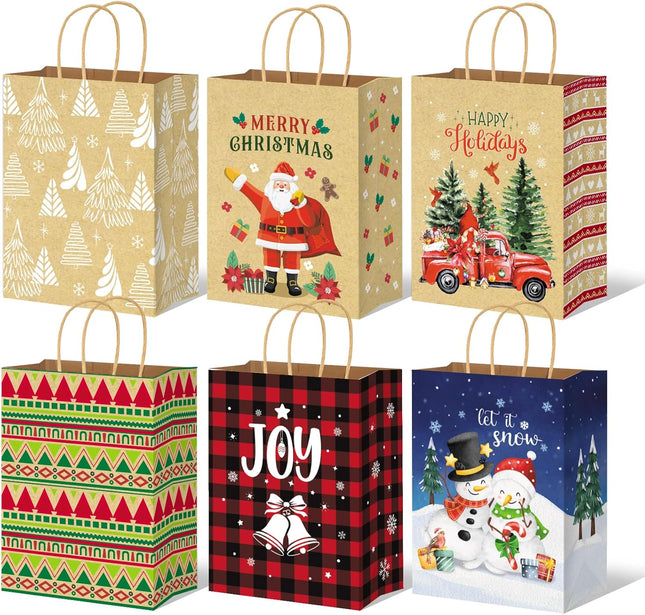 24-Pack Kraft Christmas Gift Bags with Handles – 10" Medium Paper Bags for Holiday Wrapping