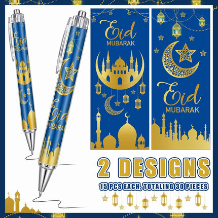 30PCS Eid Mubarak Pens Blue Bulk Ramadan Gifts Ballpoint Party Favors