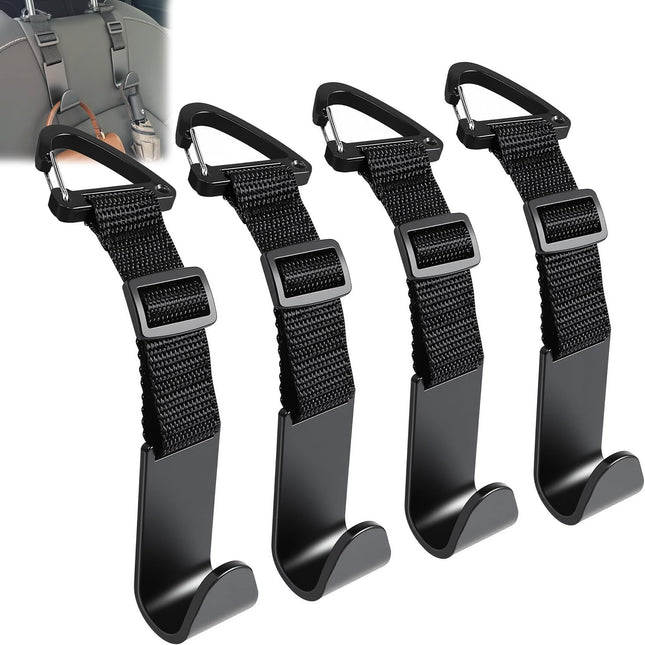 4 Pack Car Headrest Hooks, Adjustable Anti-Drop Seat Organizer, Heavy Duty Black