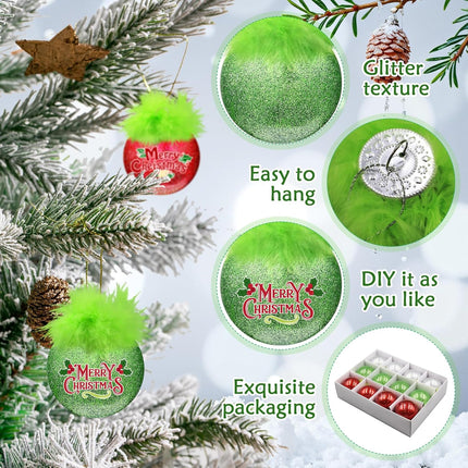 24-Piece Green Furry Christmas Ball Ornaments Red & Lime Green Glitter Hanging Decor