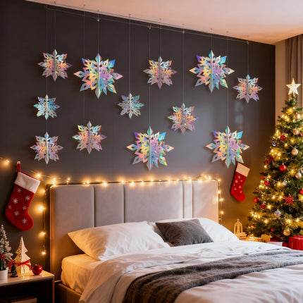18-Piece Christmas Hanging Snowflakes: 3D Holographic Paper Snowflake Decorations
