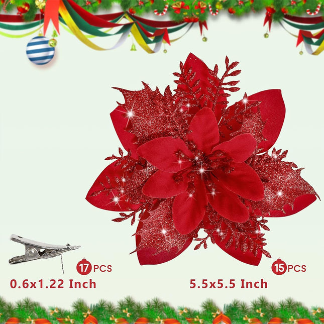 15PCS Christmas Poinsettia Ornaments – Glitter Flowers with Clips & Stems