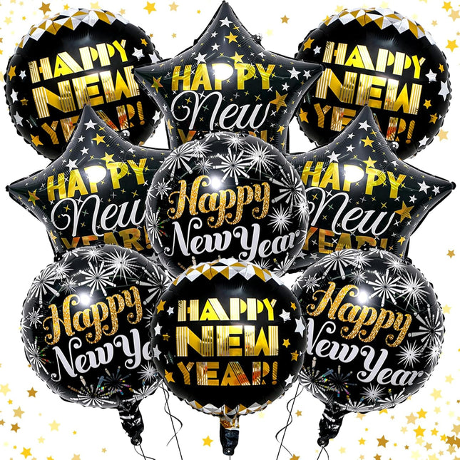 Happy New Year 2026 Balloon Kit – 9-Pc 18in Black & Gold Party Balloons