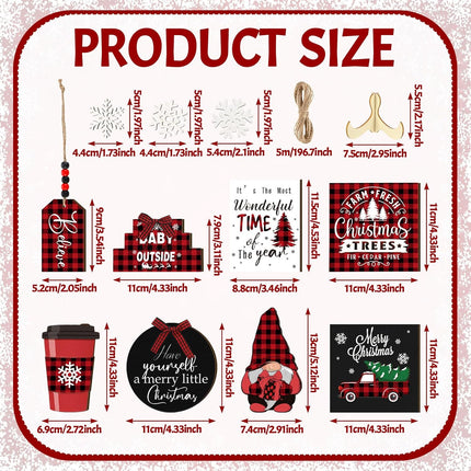 14-Pcs Christmas Tiered Tray Decor – Buffalo Plaid Snowflake Gnome Wooden Signs