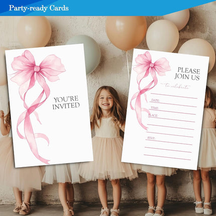 30 Pink Bow Birthday Invitations for Girls, Coquette Party Invites with Envelopes