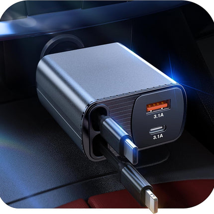 85W 4-in-1 Retractable Car Charger – 2.6ft Cables, USB C + A, Compatible with iPhone