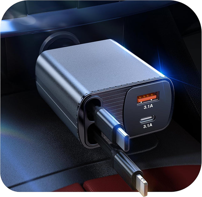 85W 4-in-1 Retractable Car Charger – 2.6ft Cables, USB C + A, Compatible with iPhone