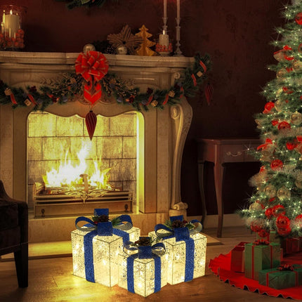 3-Pack Light-Up Christmas Gift Boxes – Warm White LED, Battery Operated, Blue Bow