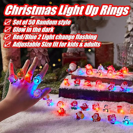 50Pcs Christmas Light Up Glow Rings – Flashing Glowing Finger Rings for Party Favors