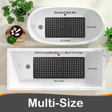 Long Shower Bath Mat with Strong Suction Cups Machine Washable Black