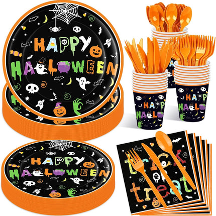 175-Piece Halloween Tableware Set for 25, Plates, Cups, Napkins & Utensils
