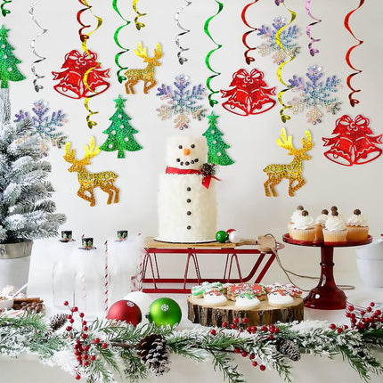 30-Piece Christmas Hanging Swirl Decorations, Merry Christmas Elk and Silver Snowflakes