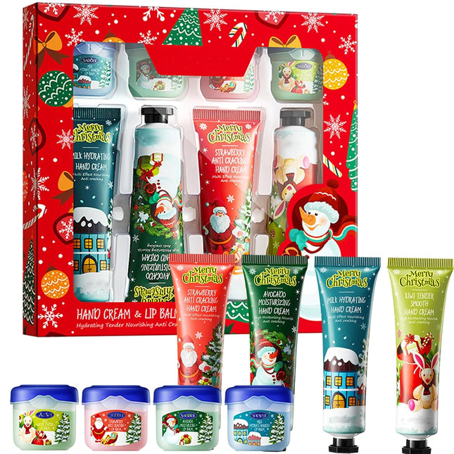 Christmas Hand Cream Gift Set – 8pcs Mini Hand & Lip Balm Set in Gift Box