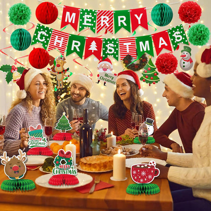 Merry Christmas Paper Fan Flower Banner Set – Swirls & Streamers with Christmas Tree