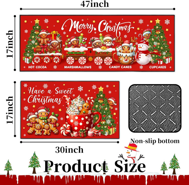 Holiday Kitchen Rug Set – Merry Christmas Gingerbread Mats 17"x47"+17"x30"