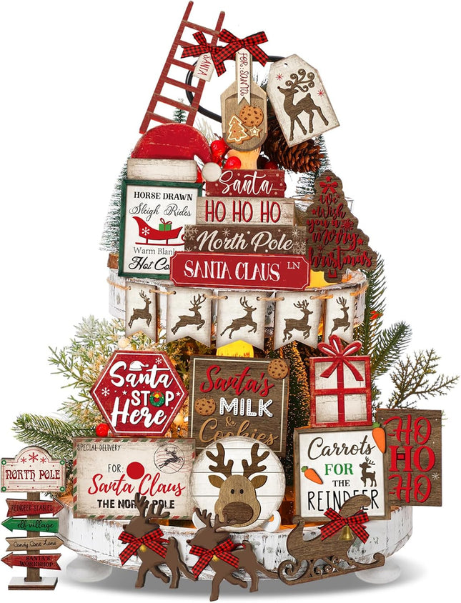 Christmas Tiered Tray Decor Set – 23PCS Snowman, Farmhouse Christmas Signs & Winter Centerpieces