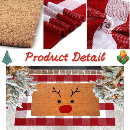 Christmas Door Mat Combo Set: 100% Coco Coir Welcome Mat + Red & White Plaid Rug