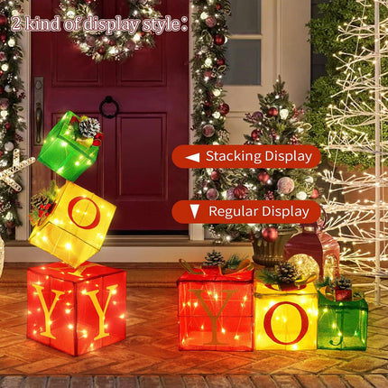 3PCS Lighted Christmas Nesting Boxes – JOY Gift Box Set, 2.6FT, Battery Operated