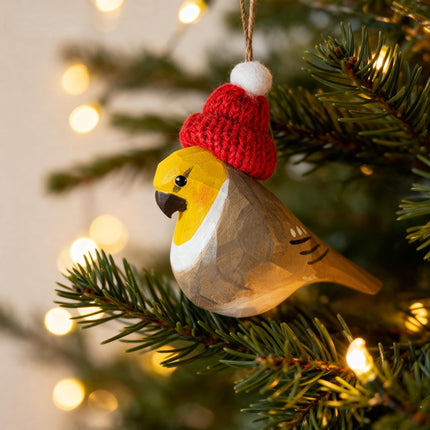 Hand-Carved Christmas Bird – Wood Cockatiel Ornament with Red Knit Hat