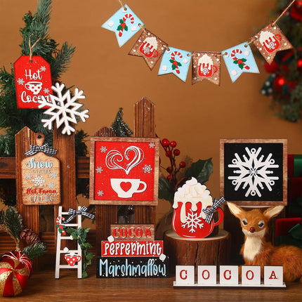 Christmas Wooden Sign Set – Tiered Tray Farmhouse Snowflake & Cocoa Table Decor