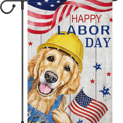Happy Labor Day Golden Retriever Garden Flag 12x18 Double Sided Burlap