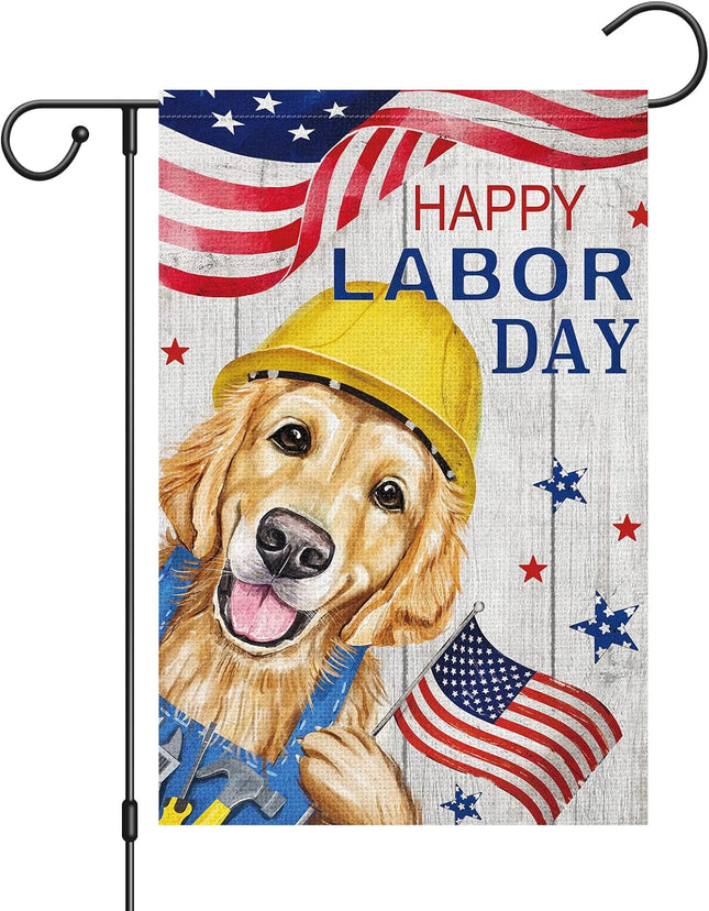Happy Labor Day Golden Retriever Garden Flag 12x18 Double Sided Burlap