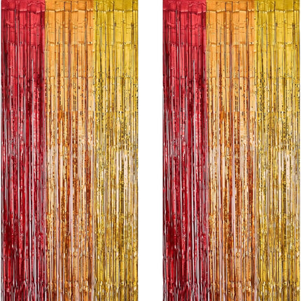 Fall Harvest Photo Backdrop 2 Pack Foil Fringe Curtains Red Gold Orange 3.3x6.6 Ft