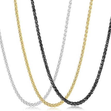 3 Pcs Chain Necklace for Men Stainless Steel Wheat Chain Set Gold Black Silver