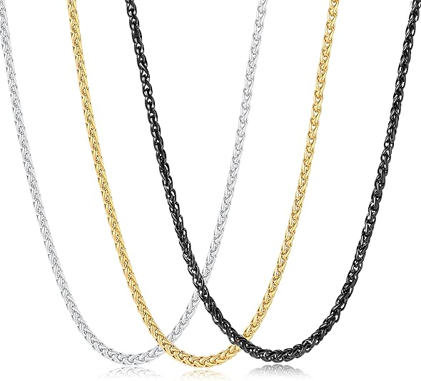 3 Pcs Chain Necklace for Men Stainless Steel Wheat Chain Set Gold Black Silver