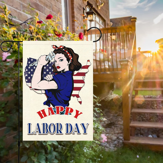 Happy Labor Day Woman Garden Flag 12x18 Double Sided Burlap USA Flag Only