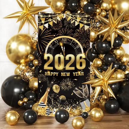 Happy New Year 2026 Door Banner Black Gold Fireworks Party Decoration