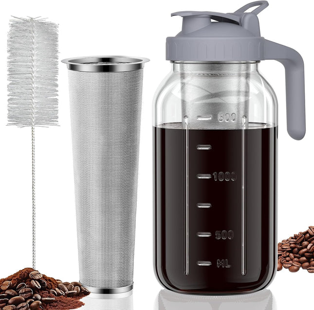 Cold Brew Coffee Maker – 64oz Wide Mouth Mason Jar with Stainless Filter