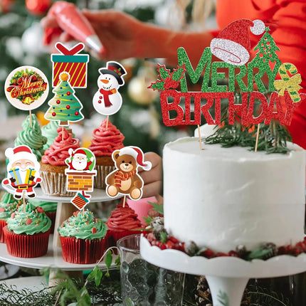 43-Pcs Christmas Cake Toppers – Glitter Santa, Snowman & Socks Cupcake Decor