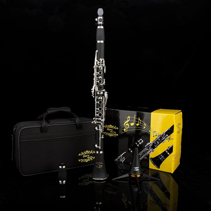 GLY-PBK Ebonite Bb Clarinet – 10 Reeds, Stand, Case, Cleaning Cloth & Accessories