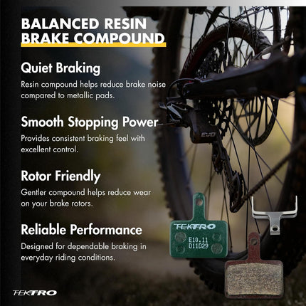 E10.11 Disc Brake Pads, Resin Compound for TRP Tektro Shimano Brakes, Smooth Braking