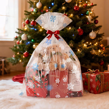 10pcs Christmas Cellophane Gift Bags – 24x30" Blue Snowflake Wrap