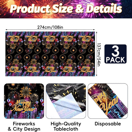3-Pack NYE Party Table Covers – 54×108in Happy New Year Fireworks