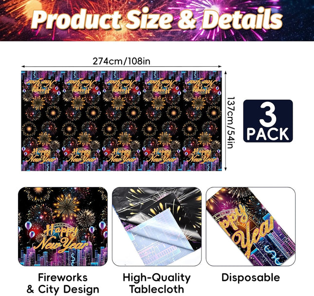 3-Pack NYE Party Table Covers – 54×108in Happy New Year Fireworks