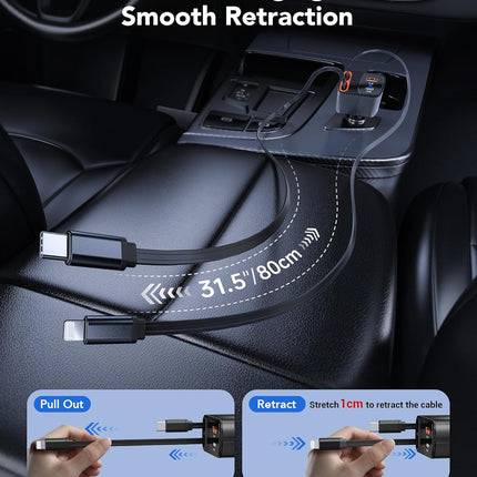 85W 4-in-1 Retractable Car Charger – 2.6ft Cables, USB C + A, Compatible with iPhone