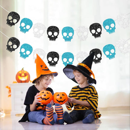 2-Piece Glitter Skull Garland, Black Silver Blue Halloween Gothic Party Banner Decor