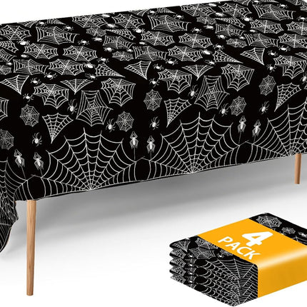4-Pack 54x108in Black Spider Web Halloween Tablecloths, Disposable Table Covers