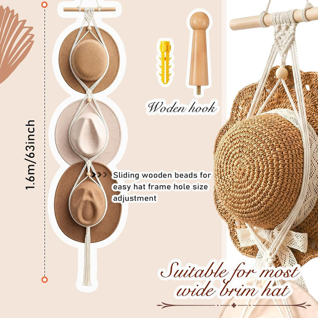 Macrame Hat Hanger for Wall, White Boho Cowboy Hat Organizer with 3-Hat Storage