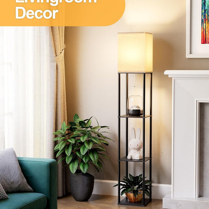 Floor Lamp with 3-Tier Shelves, 3 CCT LED Bulb and White Linen Shade for Living Room