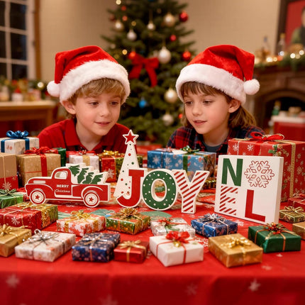 4PCS Christmas Wooden Table Decorations – Red Truck JOY NOEL Tiered Tray Decor