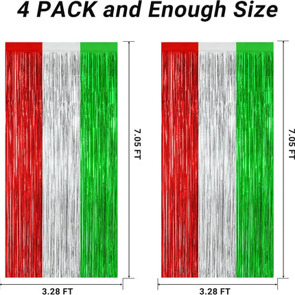 4-Piece Christmas Curtain Set, 3.28 FT x 7.05 FT Metallic Foil Red, Silver & Green Fringe